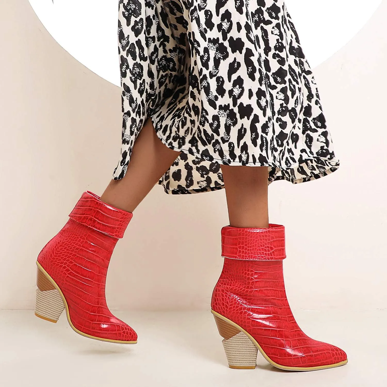 Women Fashion Chunky Wedge Heel Pull On Ankle Boots Comfy Concise Snakeskin Pointed Toe High Heels Short Booties