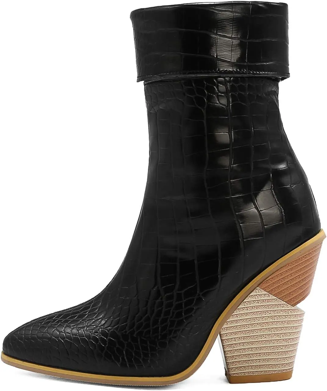 Women Fashion Chunky Wedge Heel Pull On Ankle Boots Comfy Concise Snakeskin Pointed Toe High Heels Short Booties