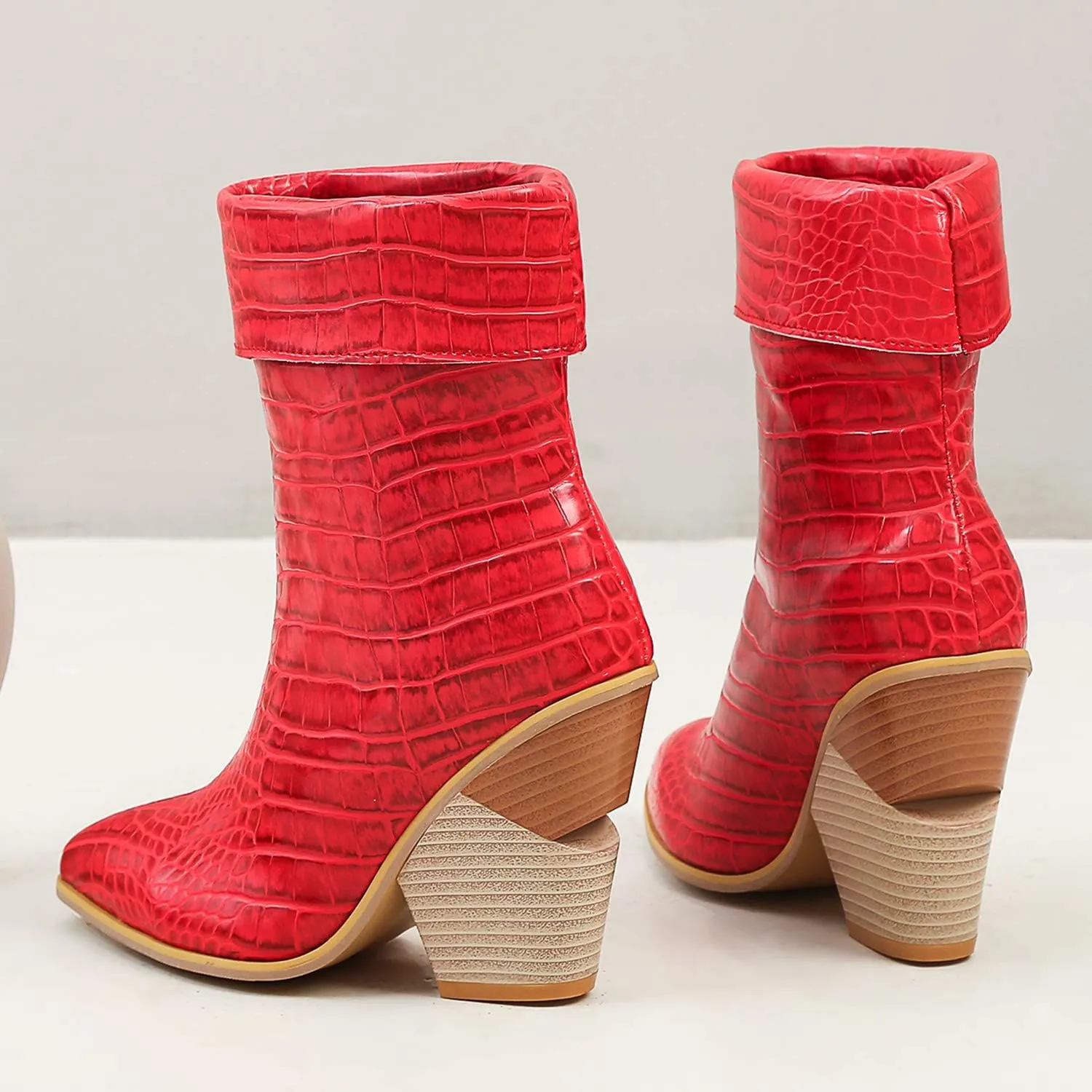 Women Fashion Chunky Wedge Heel Pull On Ankle Boots Comfy Concise Snakeskin Pointed Toe High Heels Short Booties