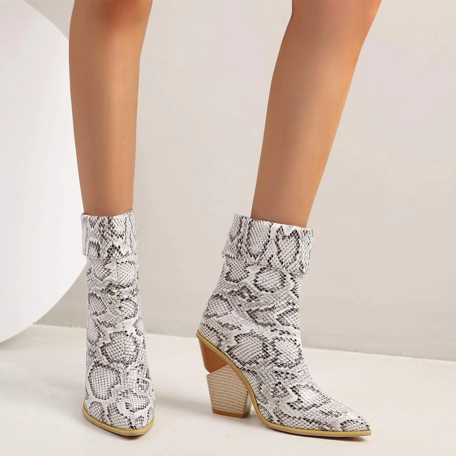 Women Fashion Chunky Wedge Heel Pull On Ankle Boots Comfy Concise Snakeskin Pointed Toe High Heels Short Booties