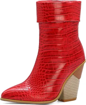 Women Fashion Chunky Wedge Heel Pull On Ankle Boots Comfy Concise Snakeskin Pointed Toe High Heels Short Booties
