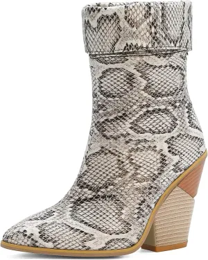 Women Fashion Chunky Wedge Heel Pull On Ankle Boots Comfy Concise Snakeskin Pointed Toe High Heels Short Booties