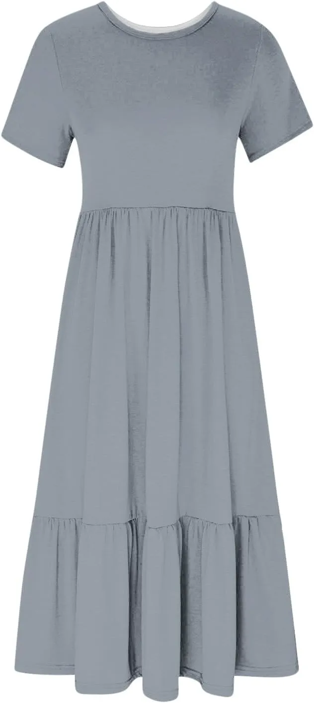 Women Fashion Tiered Dress Trendy 2025 Solid Color Swing Pleated Home Dress Casual Loose Fit Flowy Dresses