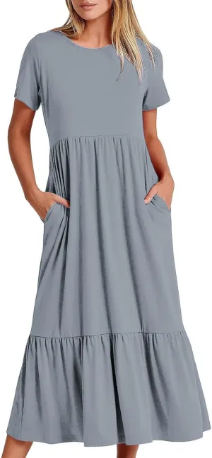 Women Fashion Tiered Dress Trendy 2025 Solid Color Swing Pleated Home Dress Casual Loose Fit Flowy Dresses