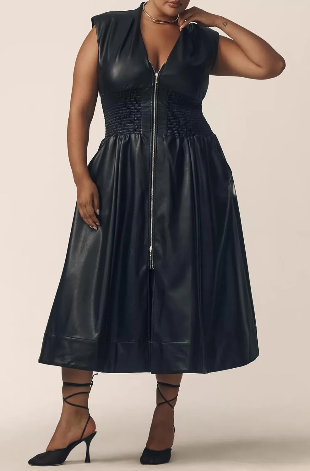 Women Faux Leather Midi Dress V Neck Sleeveless Smocked High Waist Front Zip Tunic Long Dress