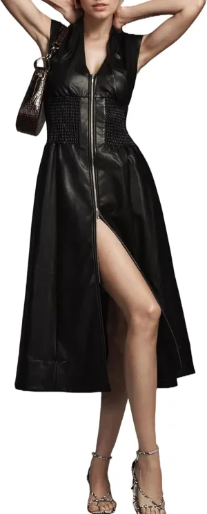 Women Faux Leather Midi Dress V Neck Sleeveless Smocked High Waist Front Zip Tunic Long Dress