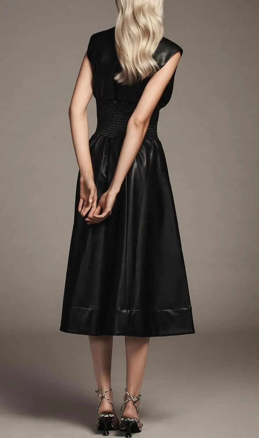 Women Faux Leather Midi Dress V Neck Sleeveless Smocked High Waist Front Zip Tunic Long Dress