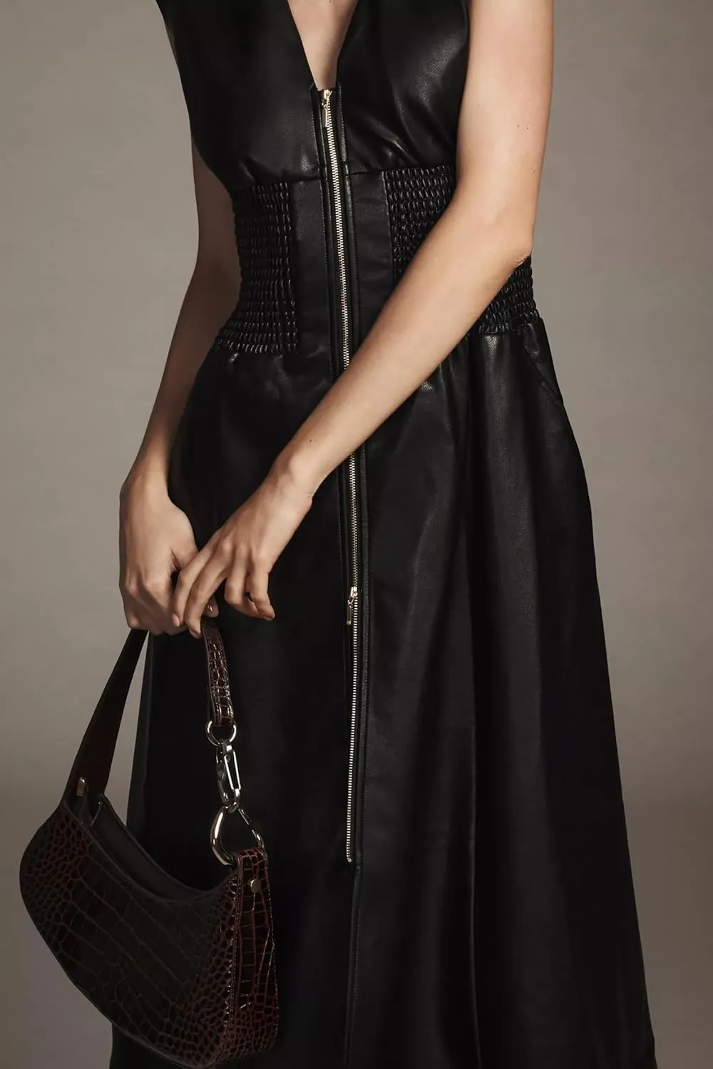 Women Faux Leather Midi Dress V Neck Sleeveless Smocked High Waist Front Zip Tunic Long Dress
