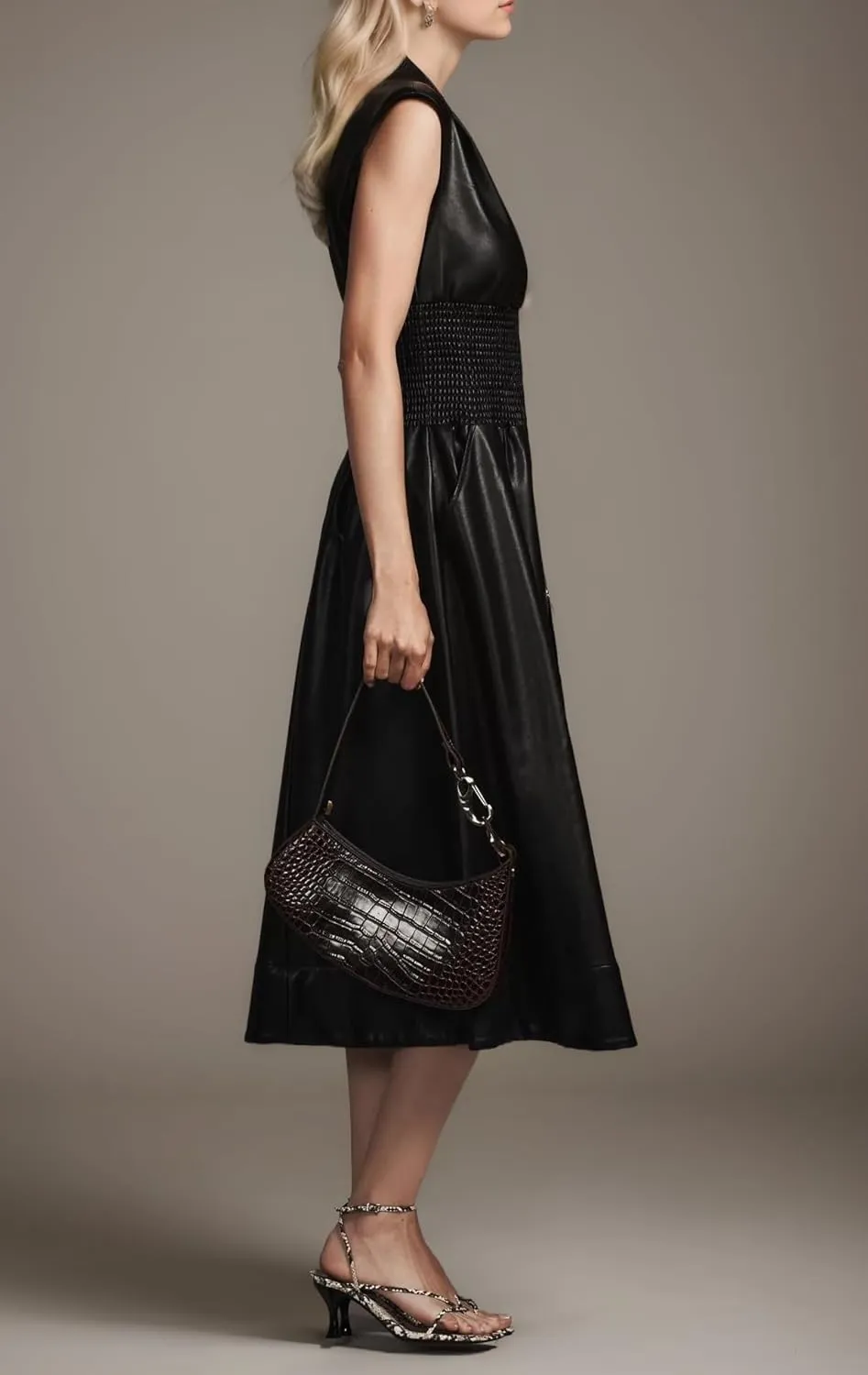 Women Faux Leather Midi Dress V Neck Sleeveless Smocked High Waist Front Zip Tunic Long Dress