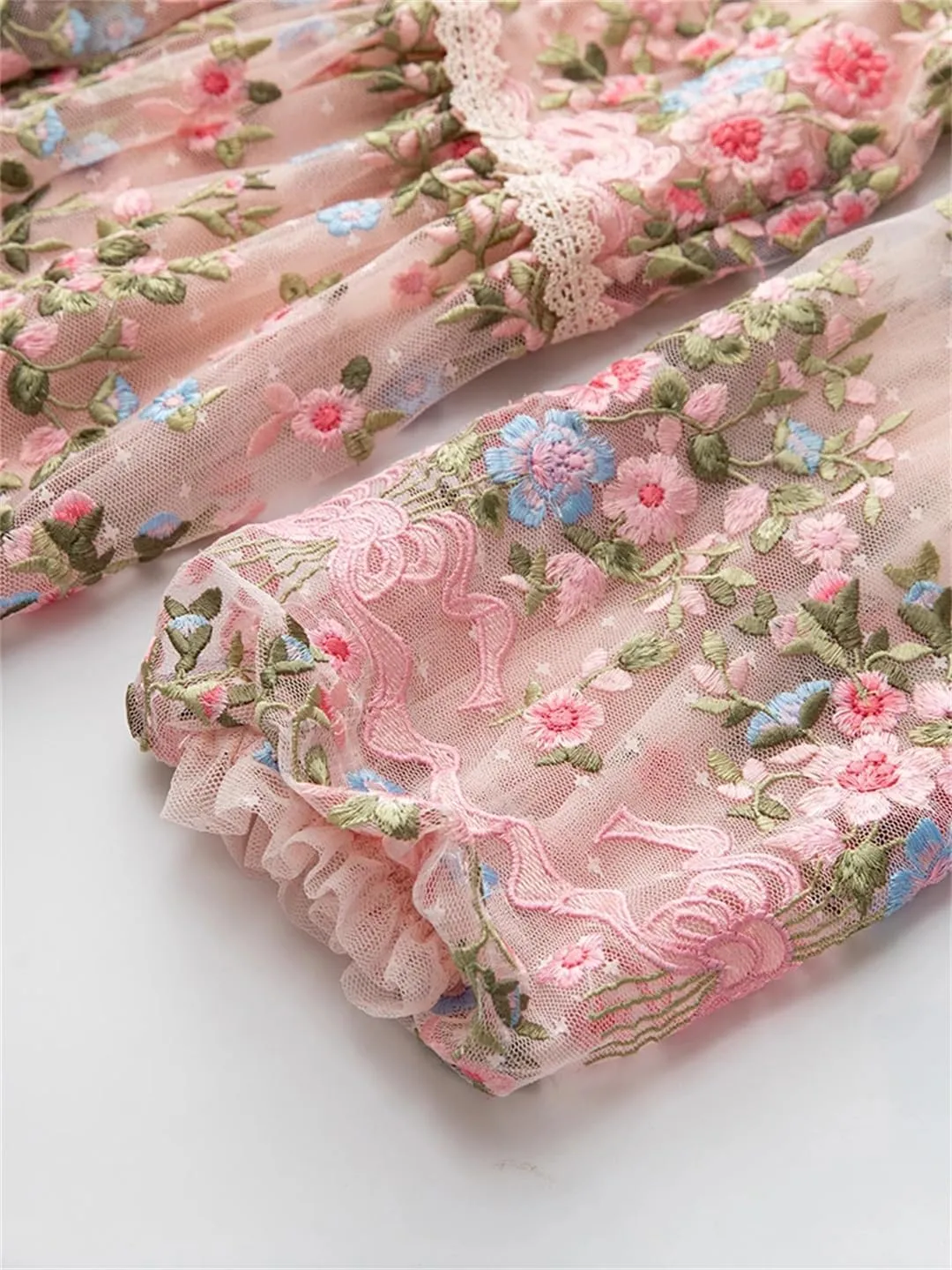 Women Floral Tulle Dress Embroidery Hollow Out Splice Crew Neck High Waist A-Line Lace Party Dress