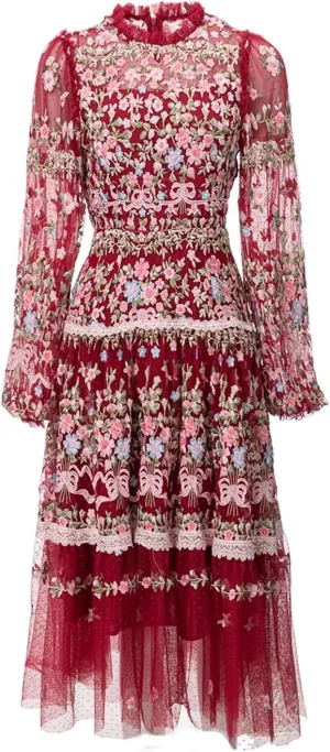 Women Floral Tulle Dress Embroidery Hollow Out Splice Crew Neck High Waist A-Line Lace Party Dress