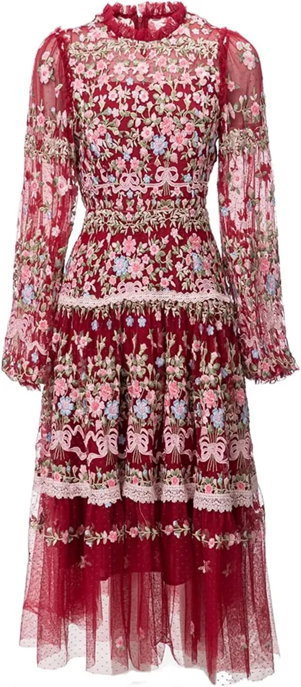 Women Floral Tulle Dress Embroidery Hollow Out Splice Crew Neck High Waist A-Line Lace Party Dress