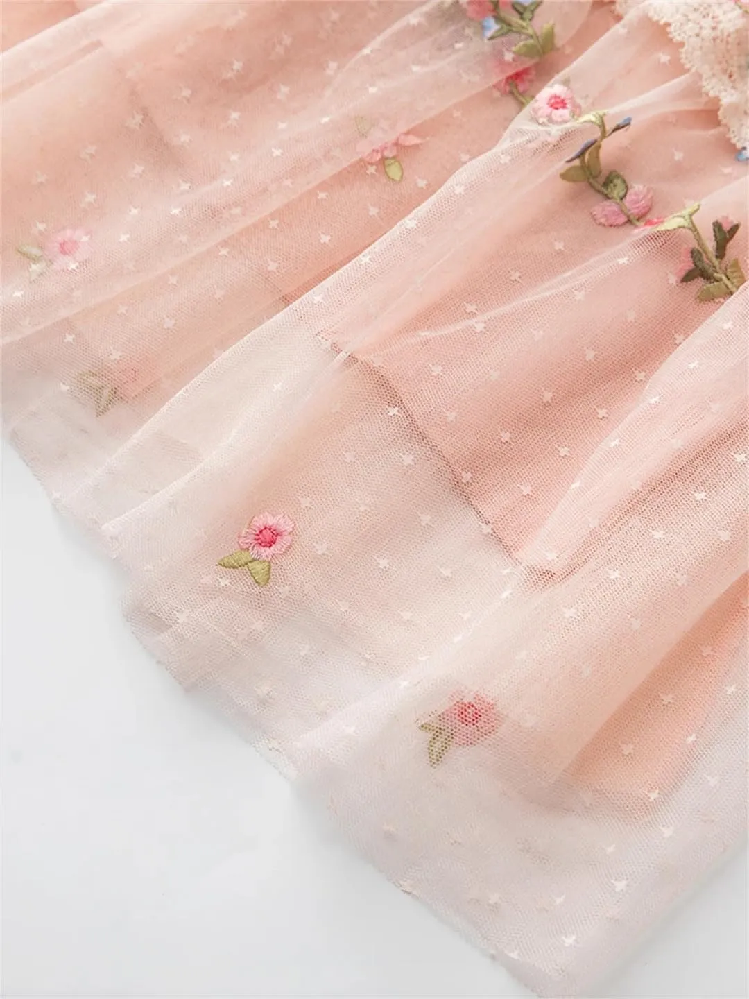 Women Floral Tulle Dress Embroidery Hollow Out Splice Crew Neck High Waist A-Line Lace Party Dress