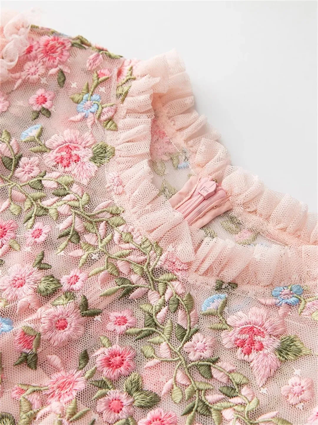Women Floral Tulle Dress Embroidery Hollow Out Splice Crew Neck High Waist A-Line Lace Party Dress