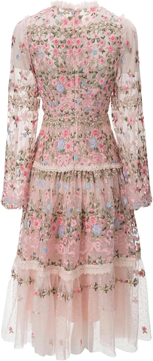 Women Floral Tulle Dress Embroidery Hollow Out Splice Crew Neck High Waist A-Line Lace Party Dress