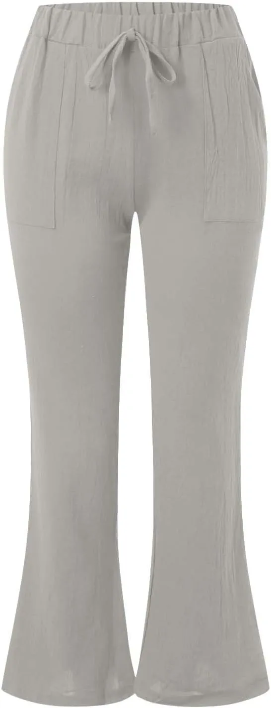 Women Linen Bell Bottoms Pants Trendy Solid Color 3/4 Length Slim Drawstring Trouser Outdoor Jogger Casual Sweatpants