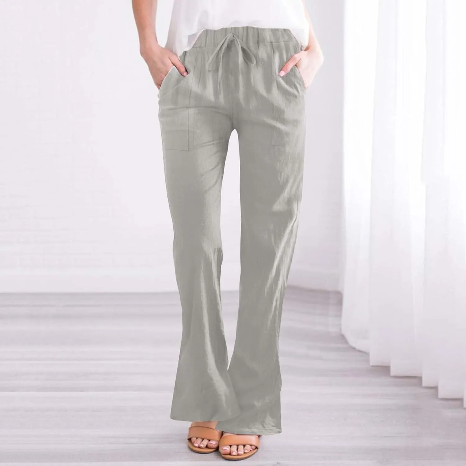 Women Linen Bell Bottoms Pants Trendy Solid Color 3/4 Length Slim Drawstring Trouser Outdoor Jogger Casual Sweatpants