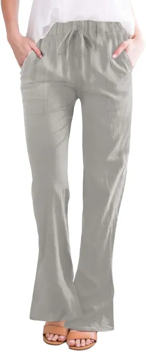 Women Linen Bell Bottoms Pants Trendy Solid Color 3/4 Length Slim Drawstring Trouser Outdoor Jogger Casual Sweatpants