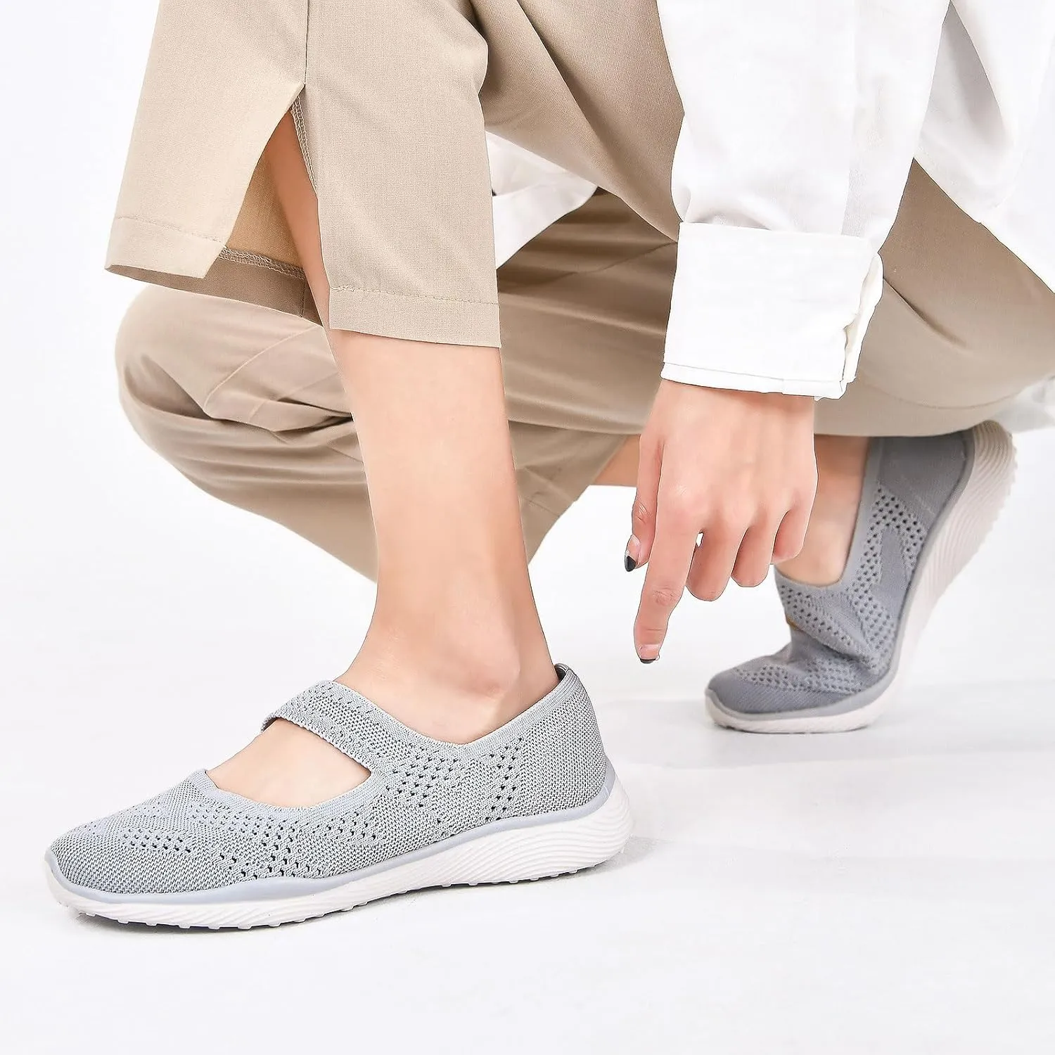 Women Mary Jane Shoes Slip On Walking Flats Comfortable Dressy Knit Washable Casual Nurse Shoe with Arch Support