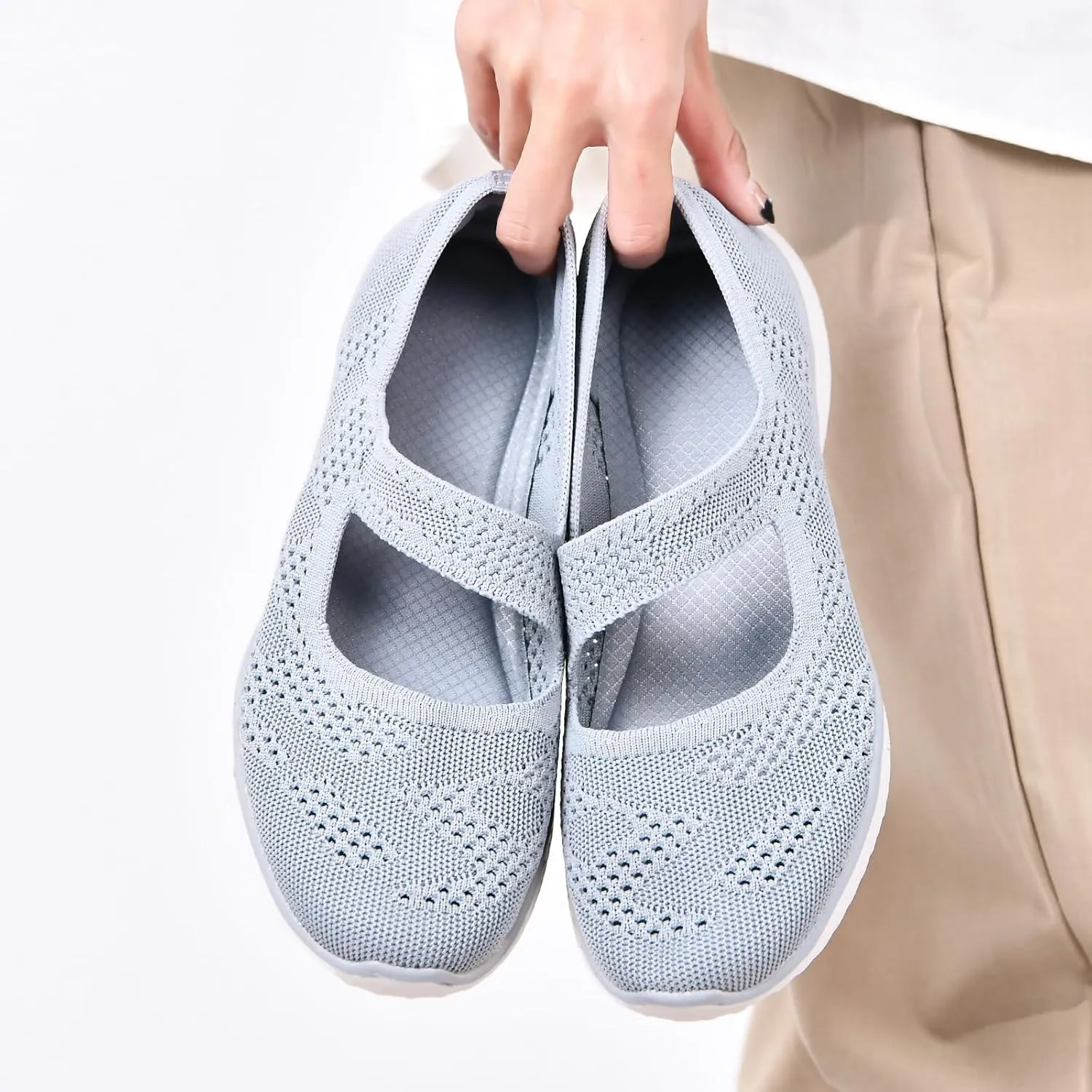 Women Mary Jane Shoes Slip On Walking Flats Comfortable Dressy Knit Washable Casual Nurse Shoe with Arch Support