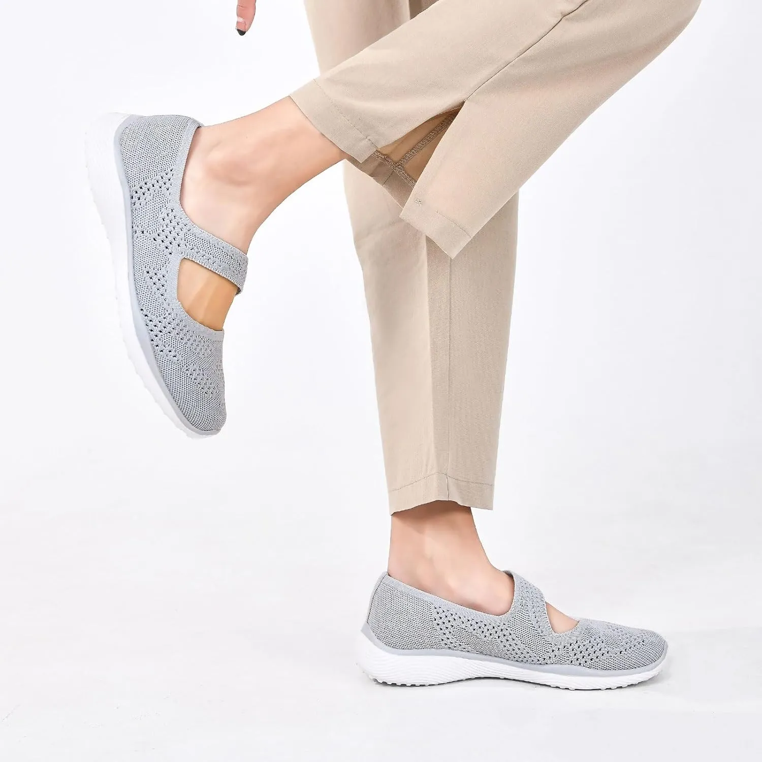 Women Mary Jane Shoes Slip On Walking Flats Comfortable Dressy Knit Washable Casual Nurse Shoe with Arch Support