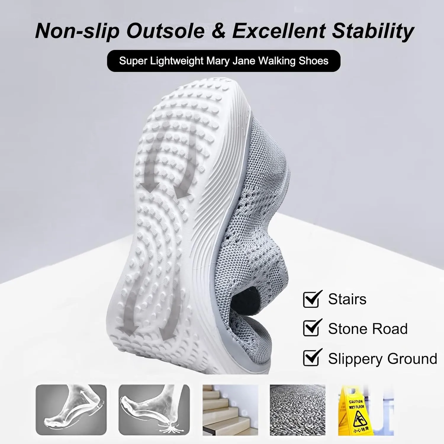 Women Mary Jane Shoes Slip On Walking Flats Comfortable Dressy Knit Washable Casual Nurse Shoe with Arch Support