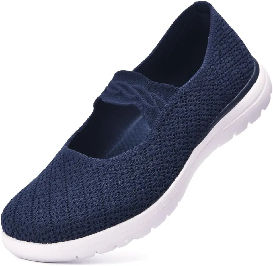 Women Mary Jane Shoes Slip On Walking Flats Comfortable Dressy Knit Washable Casual Nurse Shoe with Arch Support