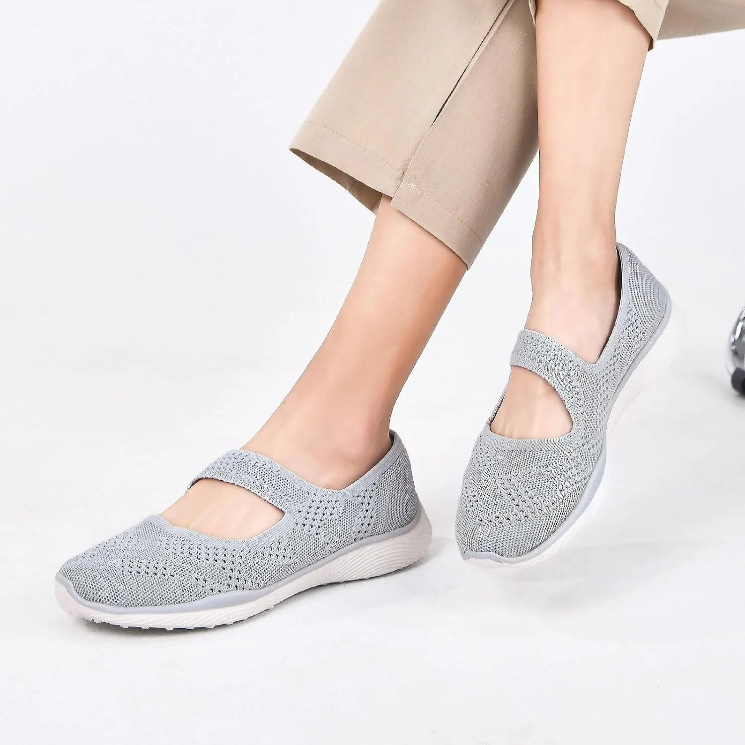 Women Mary Jane Shoes Slip On Walking Flats Comfortable Dressy Knit Washable Casual Nurse Shoe with Arch Support