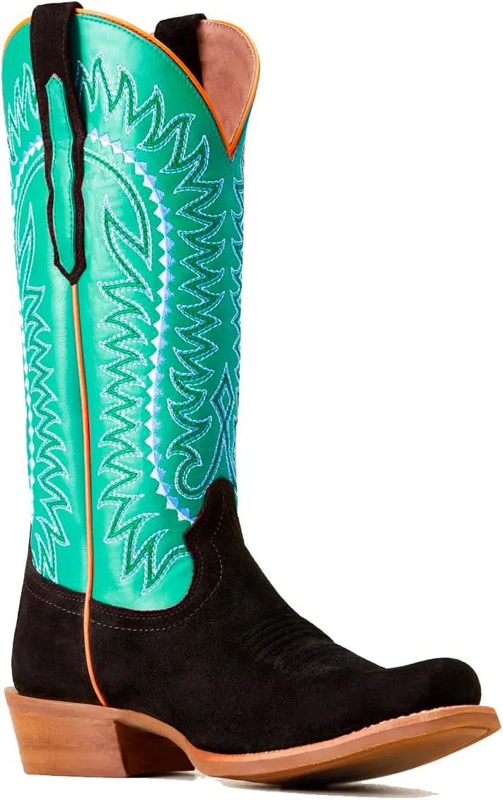Women Mid Calf Cowboy Boots Embroidered Square Toe Chunky Heel Western Boots Calf High Two Tone 2” Stacked Heel Cowgirl Calf Boots Patchwork Matte Suede Pull On Wide Calf 4-11 M US