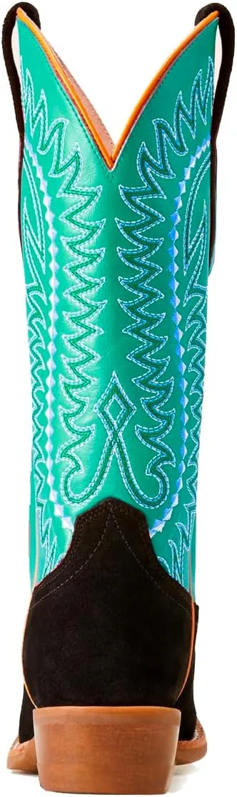 Women Mid Calf Cowboy Boots Embroidered Square Toe Chunky Heel Western Boots Calf High Two Tone 2” Stacked Heel Cowgirl Calf Boots Patchwork Matte Suede Pull On Wide Calf 4-11 M US