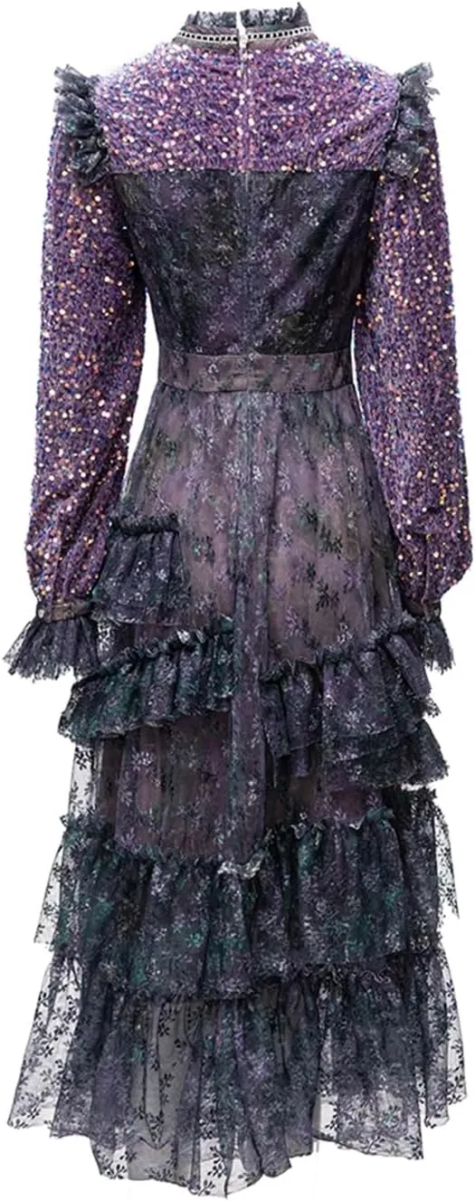Women Party Dress Sheet Metal Long Sleeve Midi Slim Fit Splice Cascading Ruffle Print Dress
