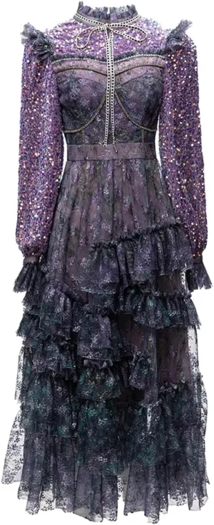 Women Party Dress Sheet Metal Long Sleeve Midi Slim Fit Splice Cascading Ruffle Print Dress