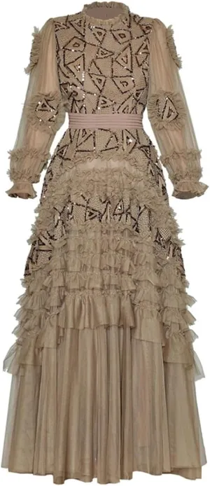 Women Patchwork Sequins Dress Round Neck Long Sleeve Midi High Waist Party Midi Dress Female