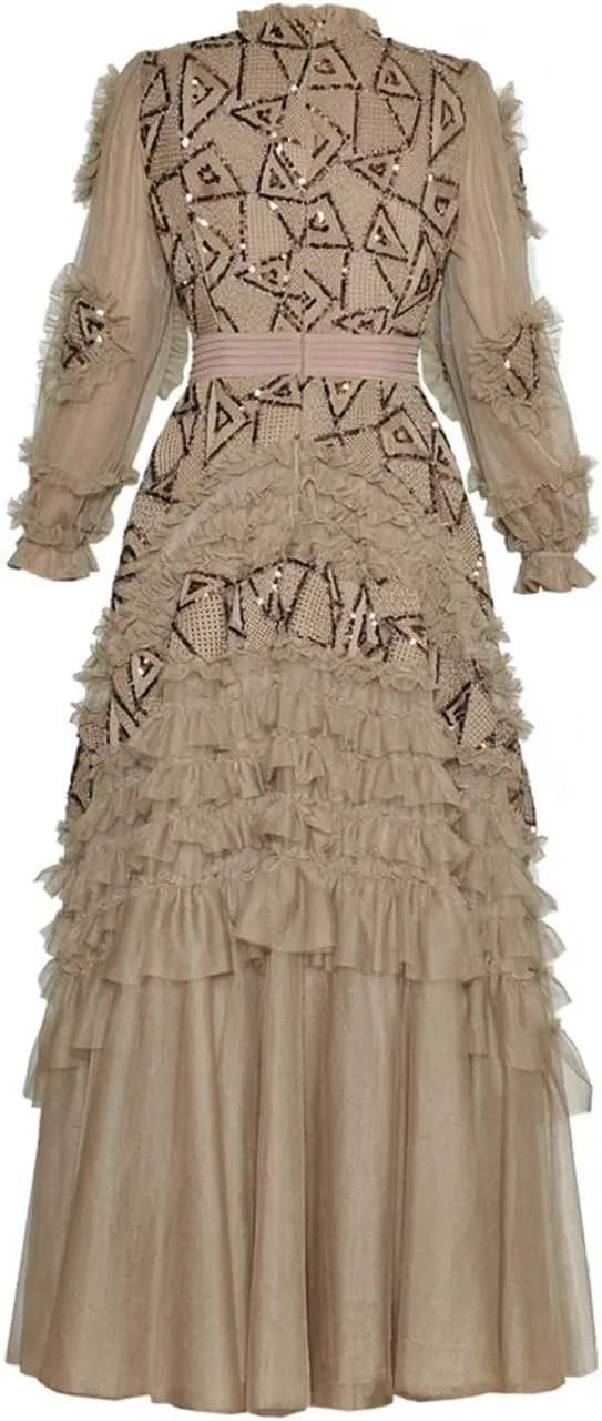 Women Patchwork Sequins Dress Round Neck Long Sleeve Midi High Waist Party Midi Dress Female