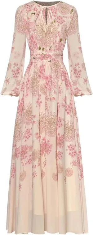 Women Print Dress Ball Gown Dress Long Sleeved High Waist A-Line Big Swing Dresses