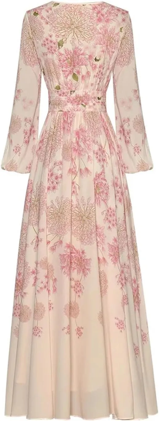 Women Print Dress Ball Gown Dress Long Sleeved High Waist A-Line Big Swing Dresses