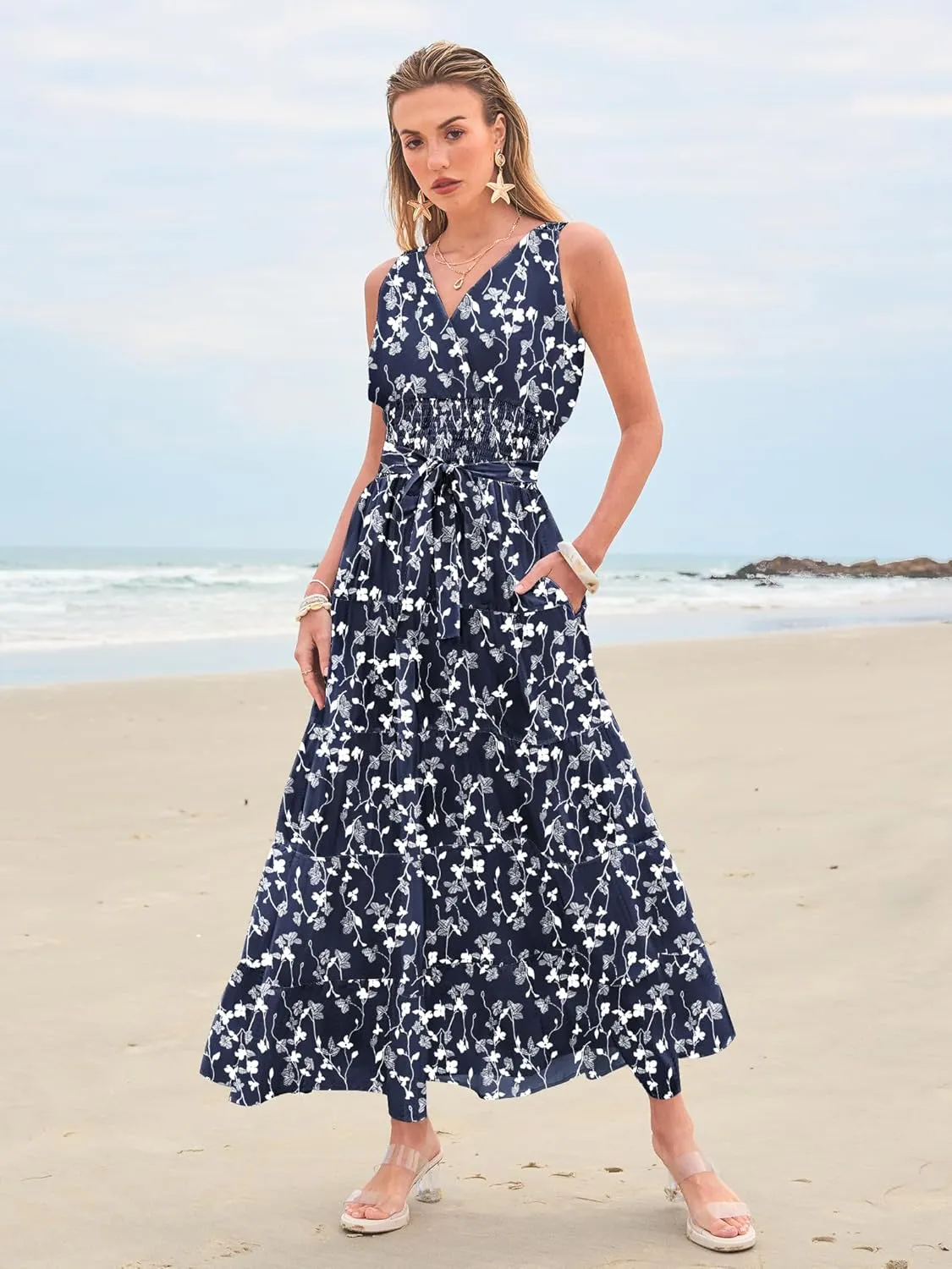 Women Sleeveless Boho Floral Maxi Dress Summer Casual Wrap Vneck Smocked Tie Flowy Ruffle Tiered Beach Long Sundress Pocket