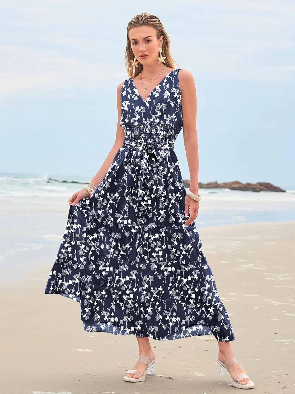 Women Sleeveless Boho Floral Maxi Dress Summer Casual Wrap Vneck Smocked Tie Flowy Ruffle Tiered Beach Long Sundress Pocket