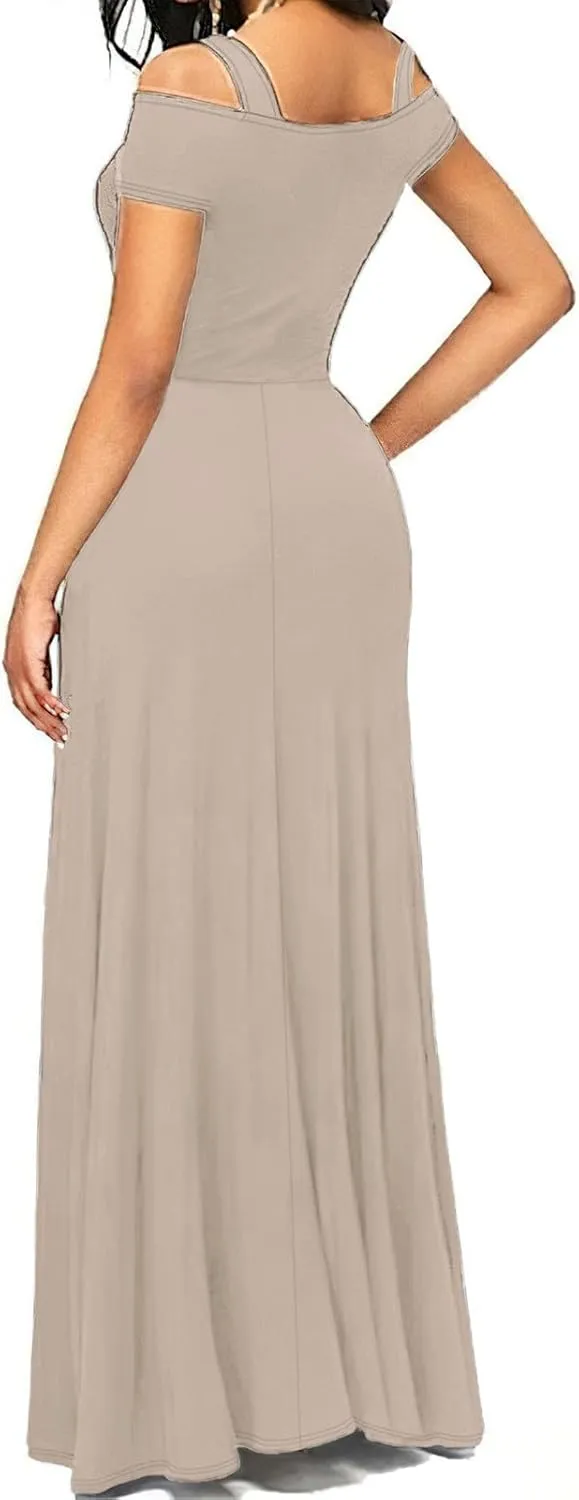 Women Summer V Neck Strap Short Sleeve Shoulder Party Slit Dress Fashion Spring Cocktail Dresses 2025