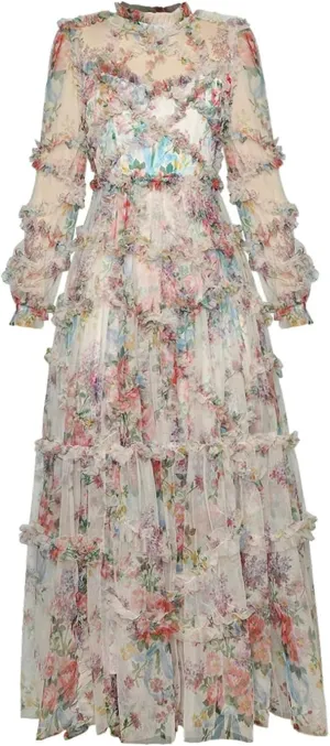 Women Tulle Dress Lantern Sleeve Mesh Print Cascading Ruffle Slim Fit Ball Gown Dresses