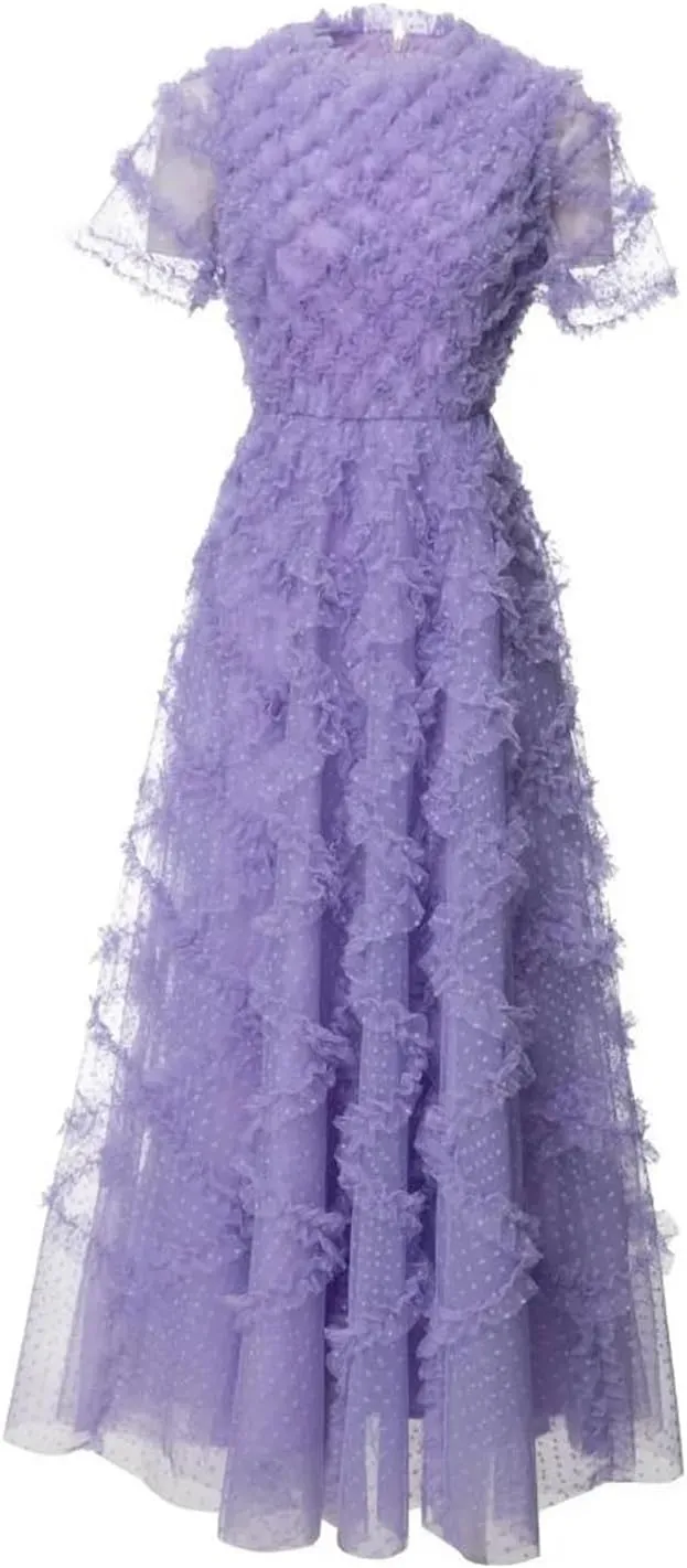Women Tulle Dress Mesh Sequin Short Sleeves Ruched Design Chiffon Fairy Style Casual Midi Dress