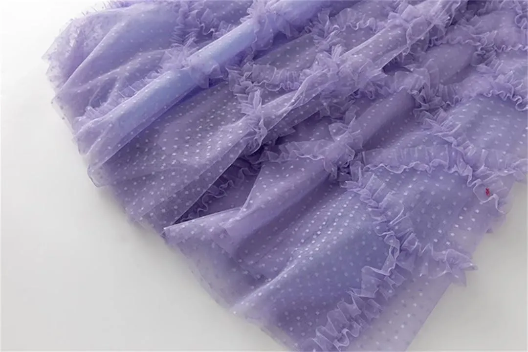 Women Tulle Dress Mesh Sequin Short Sleeves Ruched Design Chiffon Fairy Style Casual Midi Dress
