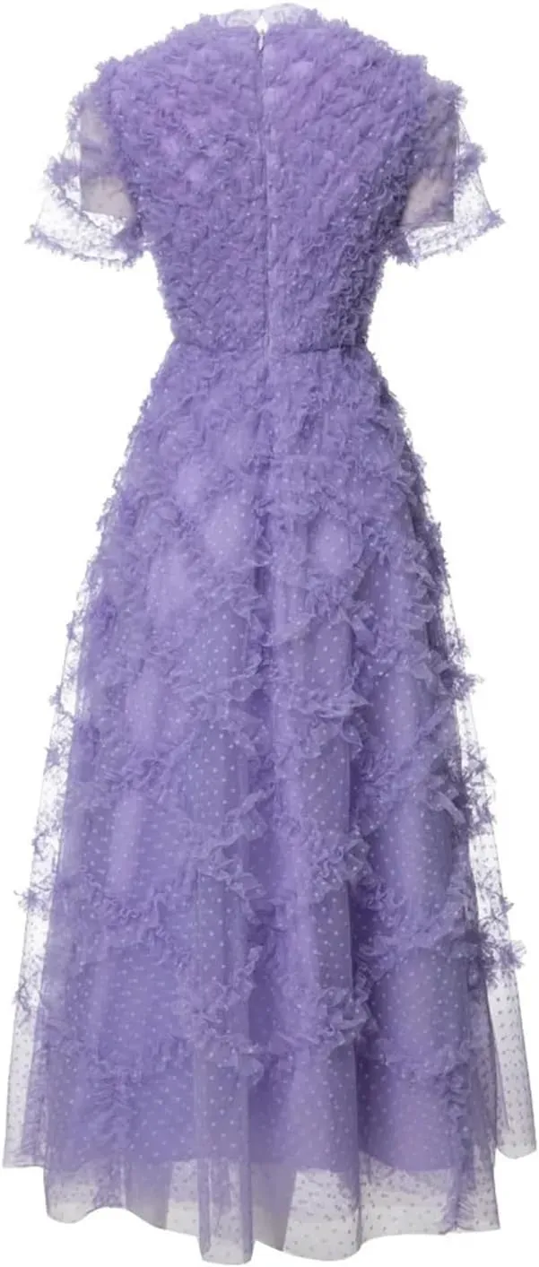 Women Tulle Dress Mesh Sequin Short Sleeves Ruched Design Chiffon Fairy Style Casual Midi Dress