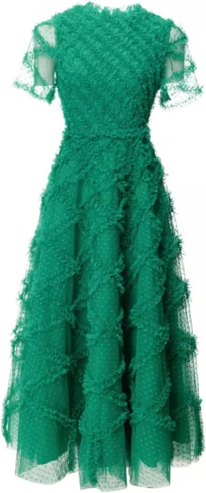 Women Tulle Dress Mesh Sequin Short Sleeves Ruched Design Chiffon Fairy Style Casual Midi Dress