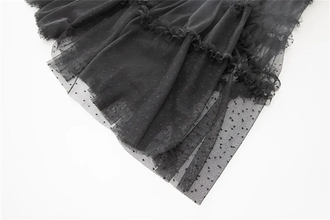 Women Tulle Dress Net Yarn Polka Dot Embroidery Crew Neck A-Line Cascad Ruffle Maxi Dresses