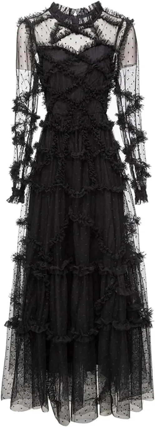 Women Tulle Dress Net Yarn Polka Dot Embroidery Crew Neck A-Line Cascad Ruffle Maxi Dresses