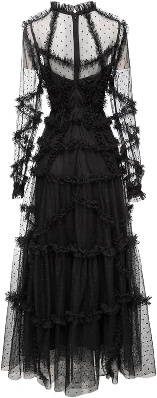 Women Tulle Dress Net Yarn Polka Dot Embroidery Crew Neck A-Line Cascad Ruffle Maxi Dresses