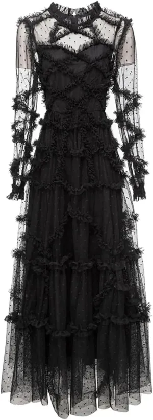 Women Tulle Dress Net Yarn Polka Dot Embroidery Crew Neck A-Line Cascad Ruffle Maxi Dresses