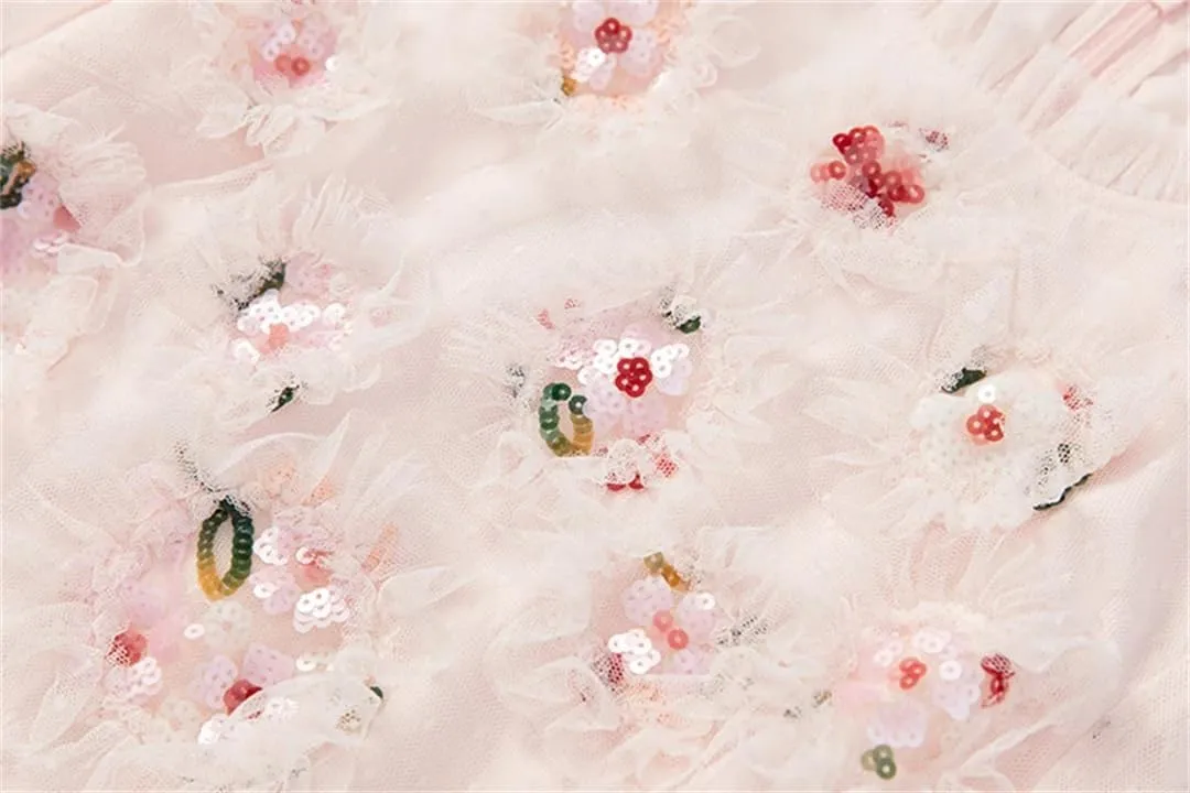 Women Tulle Dress Vintage Net Yarn Polka Dot Embroidery Appliques Sequins Dress Maxi A-Line