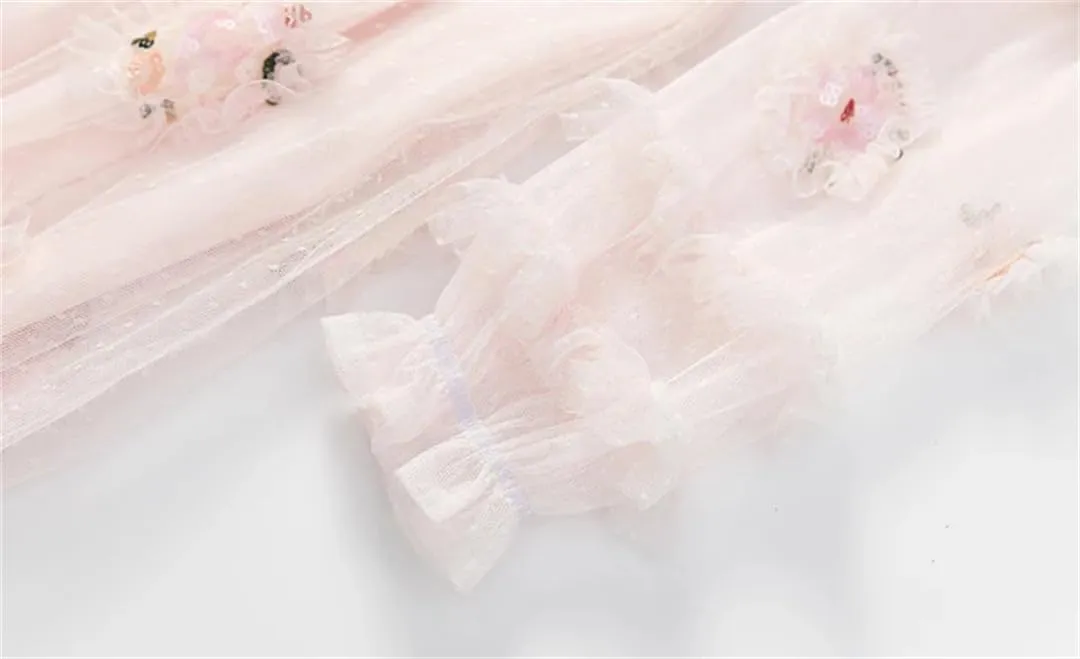 Women Tulle Dress Vintage Net Yarn Polka Dot Embroidery Appliques Sequins Dress Maxi A-Line